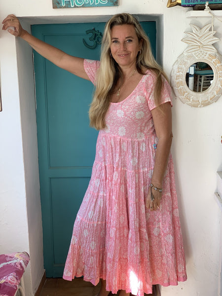 Santa Fe dress is a gorgeous pink and white block print -  AUROBELLE  IBIZA