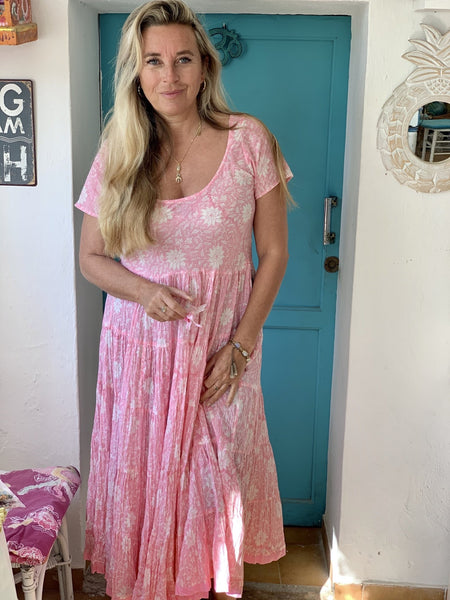 Santa Fe dress is a gorgeous pink and white block print -  AUROBELLE  IBIZA