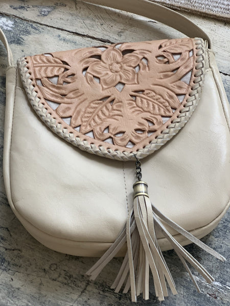 Shoulder bag Ibiza , hand carved boho leather bag neural colours - AUROBELLE IBIZA