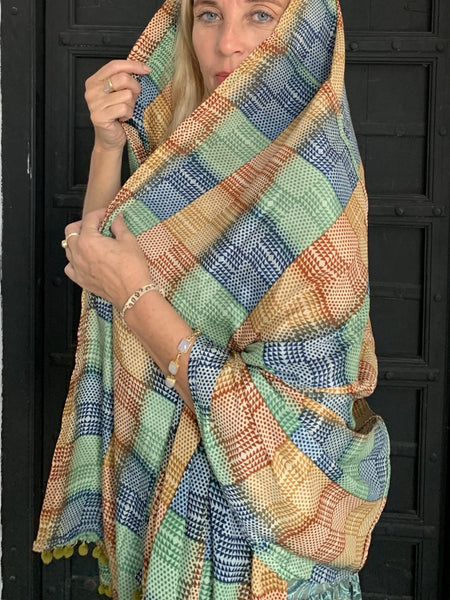 Silky boho shawl with pompon -  AUROBELLE  IBIZA