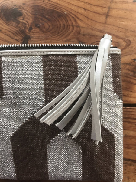 Stylish chocolate brown and silver handwoven dhurrie clutch -  AUROBELLE  IBIZA