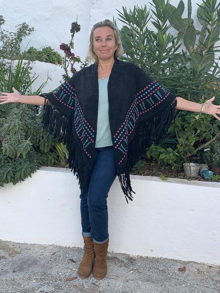 Suede leather hippie chic poncho jacket from Ibiza - AUROBELLE IBIZA