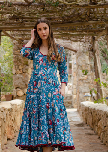 chinese dress ladies Sun dress long arm Jaipur turquoise – AUROBELLE IBIZA
