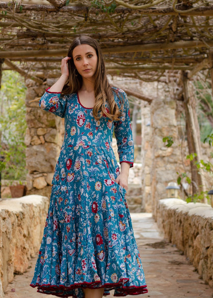 Sun dress long arm Jaipur turquoise - AUROBELLE IBIZA