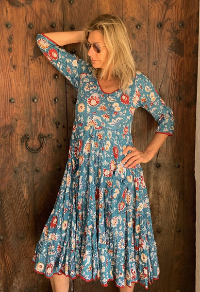 Sun dress long arm Jaipur turquoise - AUROBELLE IBIZA