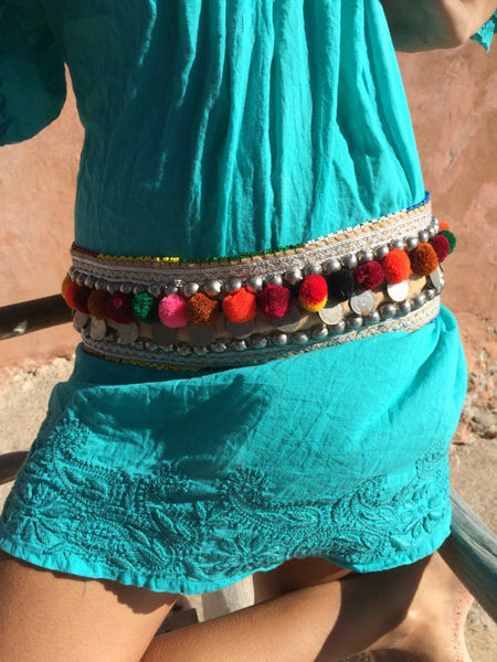 Tribal boho belt  vintage old coins and pompom deco -  AUROBELLE  IBIZA