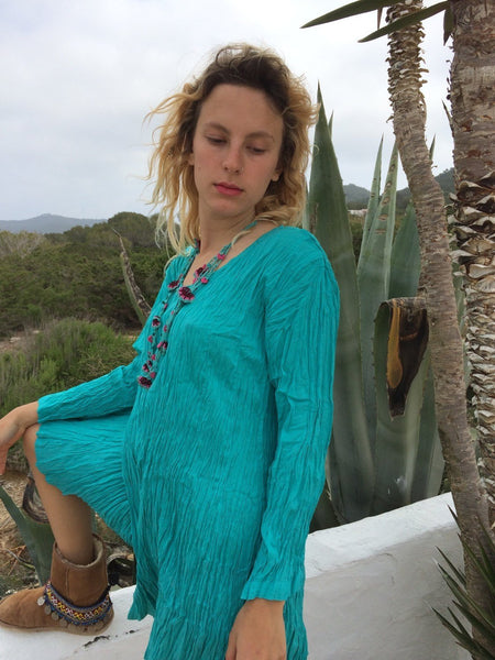 Turqouise blue panel cotton kaftan from Ibiza -  AUROBELLE  IBIZA