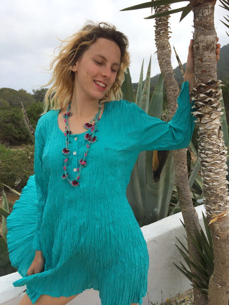 Turqouise blue panel cotton kaftan from Ibiza -  AUROBELLE  IBIZA