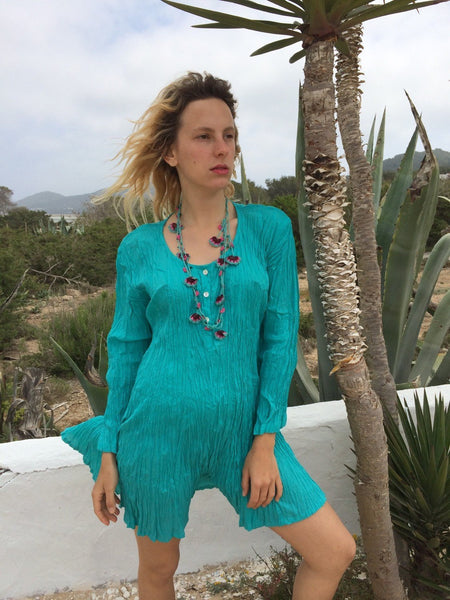 Turqouise blue panel cotton kaftan from Ibiza -  AUROBELLE  IBIZA