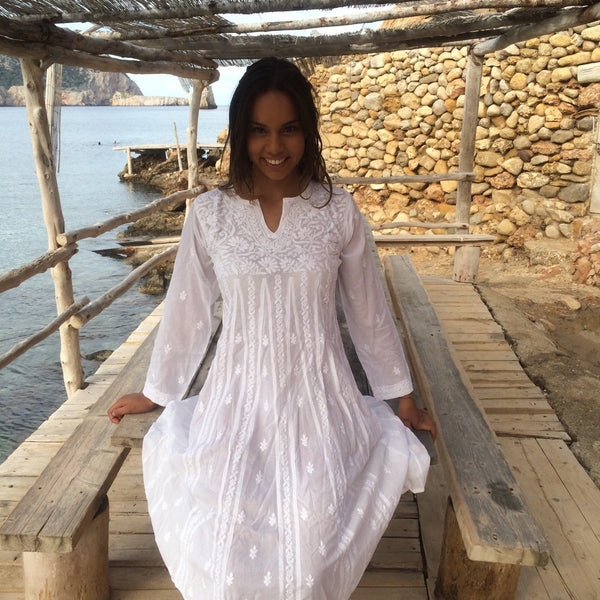 White Anarkali dress , bestseller white hand made Ibiza tunica dress , white boho wedding , kaftan , beachwear , kundalini yoga dress - AUROBELLE IBIZA
